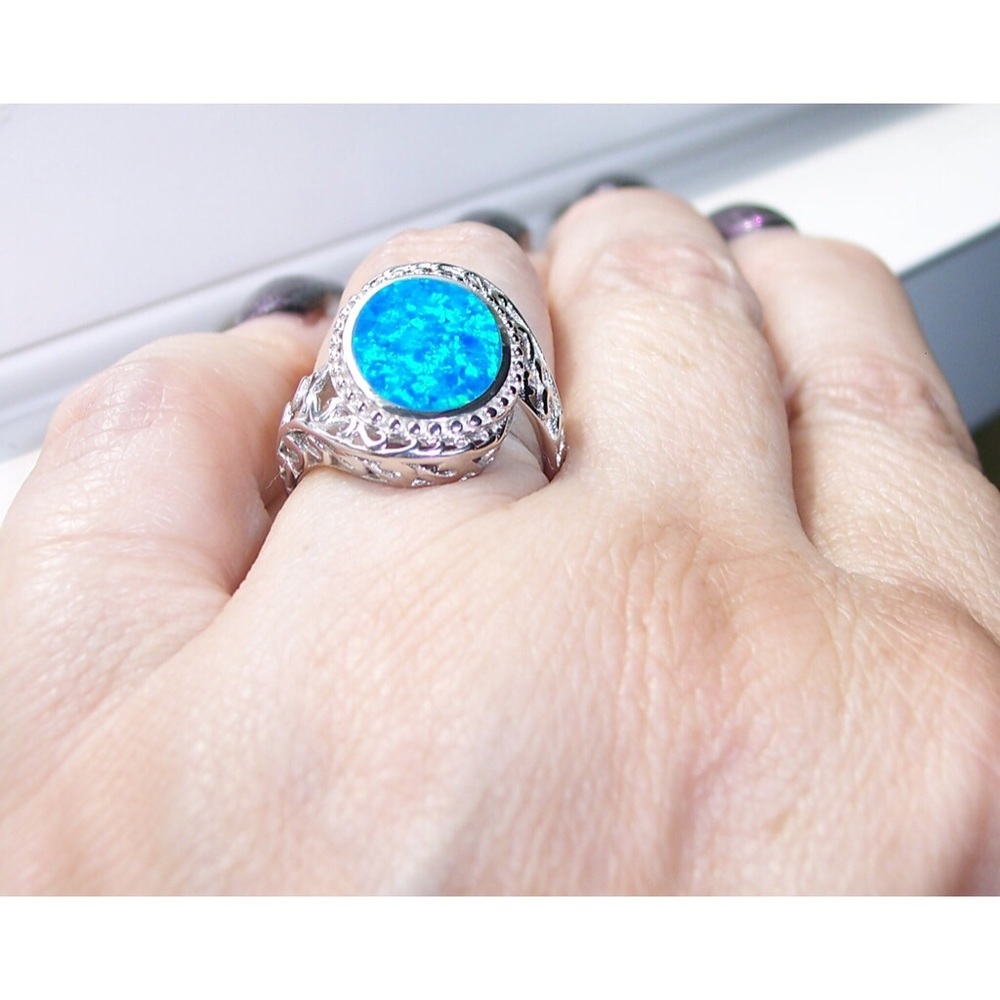 925 STERLING SILVER Lab Created Blue Fire Opal Ring - Picture 6 of 16